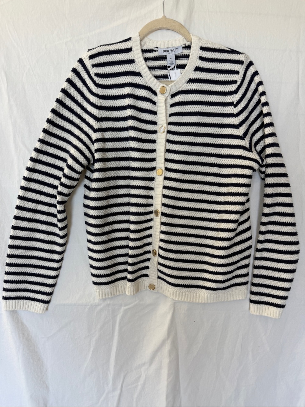 Nine West Navy snd White Striped Button-Front Cardigan. NWT XL
